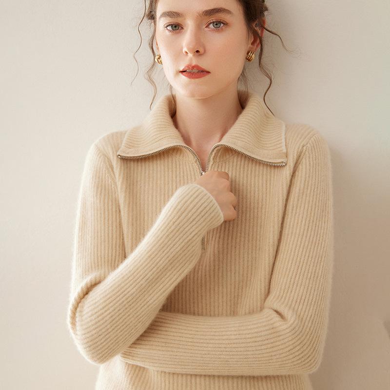 Women's Cashmere High-Neck Half-Zip Pullover Sweater – Long-Sleeve, Loose Fit, Slimming Knit Top