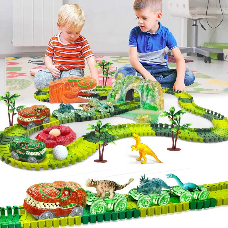 241pcs Dinosaur Plastic Racing Tracks Railway Toys Bend Flexible Race Track Flash Light Car Educational Toys for Children Gift