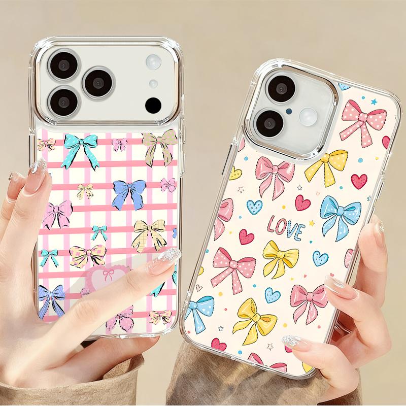 Cute Cartoon Bowknots Print Case For iPhone 17 Pro Max iPhone 16 15 14 13 Pro Max 11 17e 16e Plating Lens Frame Clear Soft Silicone Back Cover