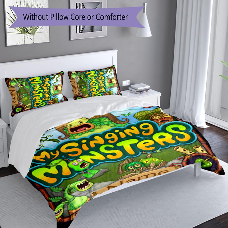 3ks Sada My Singing Monsters s vlastním jménem, Zahrnuje 1 povlak na přikrývku a 2 povlaky na polštář, Celoroční dekorace ložnice