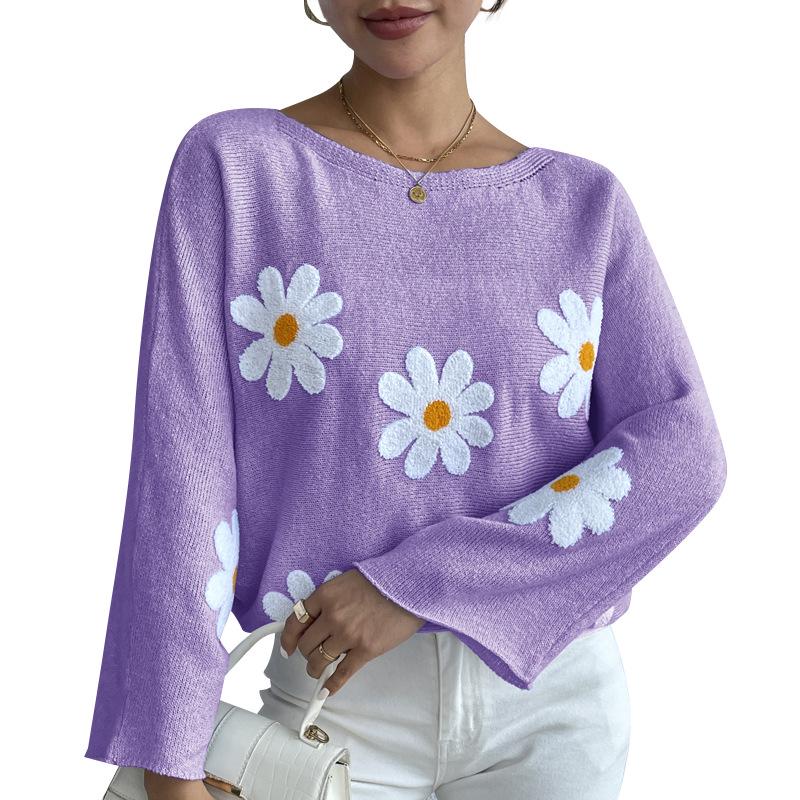 Sweet Floral Embroidered One-Shoulder Knit Pullover Sweater - 2024 European & American Style
