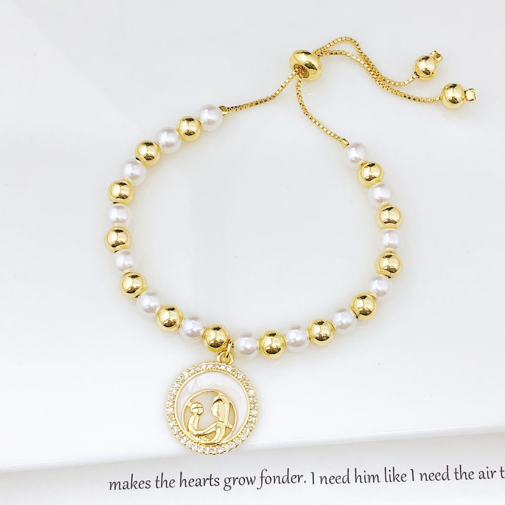 Hot Sale Zircon Shell Mother Theme Copper Bead Pearl Chain Bracelet Fashion for Women Mom Holiday Mother's Day Jewelry Gift