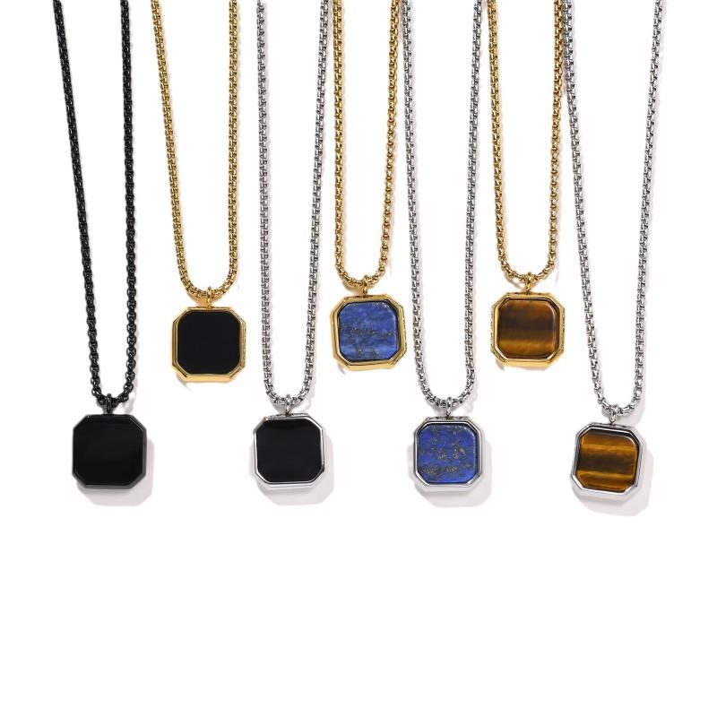 Stainless Steel Square Pendant Necklace Men Long Chain Layered Hip Hop Jewelry Geometric Titanium