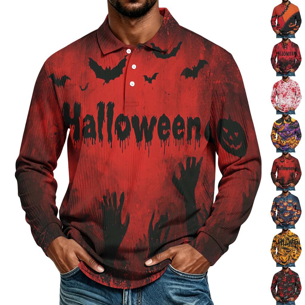 Men's Casual Halloween Printed Long Sleeve Shirt Loose Fit Top