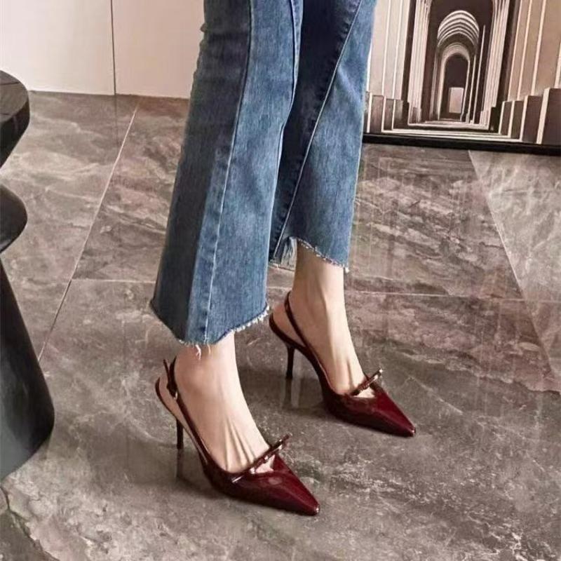 Fashion Temperament Baotou Soft Leather High Heels Women's Fashion Bow Stiletto Heel Pointed Toe Back Empty Strap Sandals