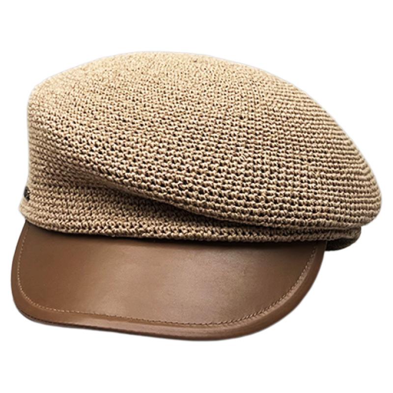 Versatile Temperament Leather Brim Inclined Top Hemp Rope Woven Face Small Equestrian Straw Hat Women'S Summer Retro Beret