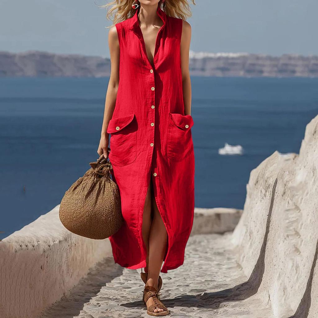 Fashionable Women's Linen Dress, Women's Sleeveless Button Down Long Skirt, Casual Flower Beach Vacation Sun Skirt With Pockets