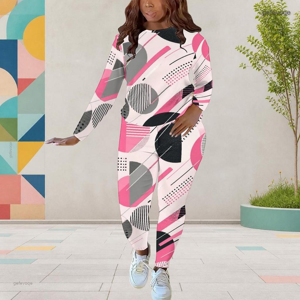 Women Plus Size Two Piece Set Round Neck Long Sleeve Printed Top And Fitted Pants