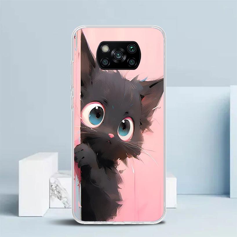 Anime Cute Black Cat Meow Phone Case For Xiaomi Poco F7 Ultra X5 X6 X7 Pro M7 Redmi 15C 15 13C 13 12C 12 10C 10 10A 9 9C 9A 9T C