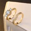 Women Zircon Full Pave Inlaid Bridal Ring Set Three Stone Engagement Wedding Band Jewelry
