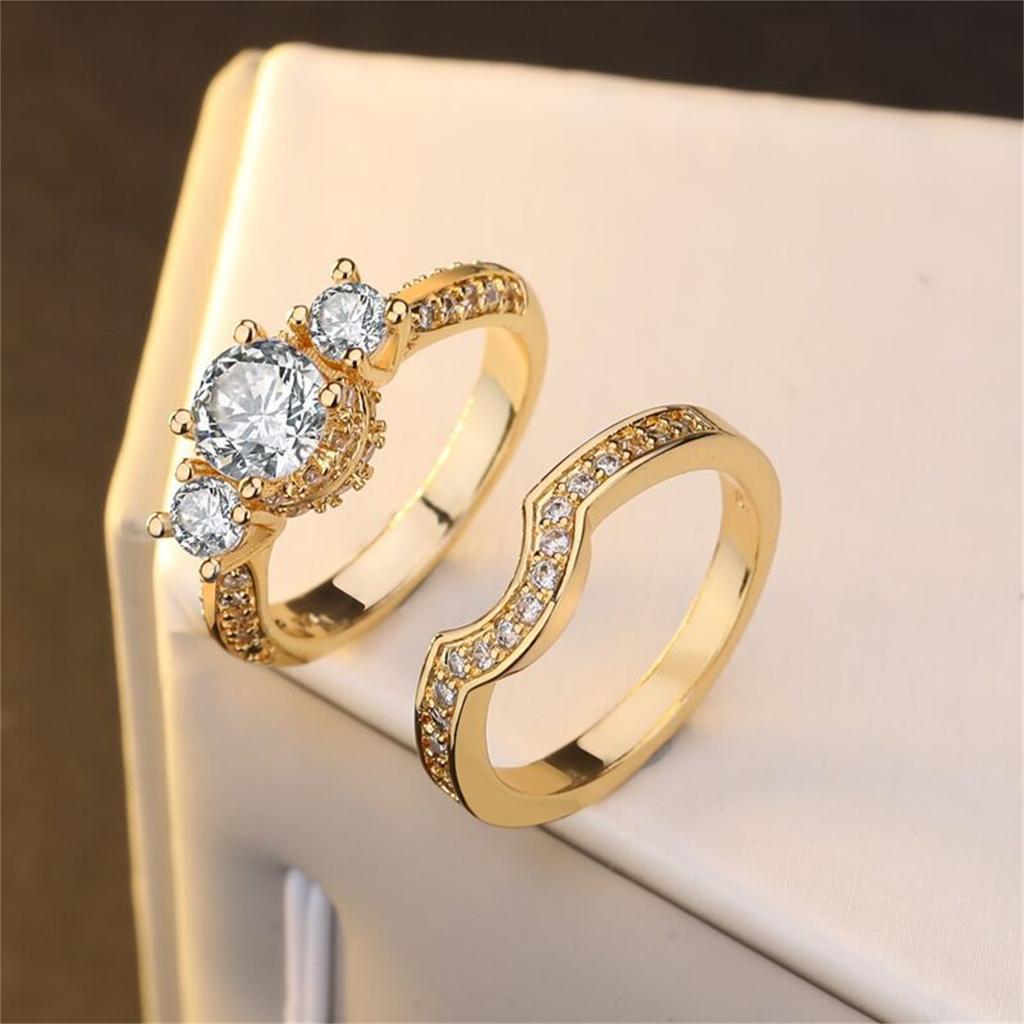Women Zircon Full Pave Inlaid Bridal Ring Set Three Stone Engagement Wedding Band Jewelry