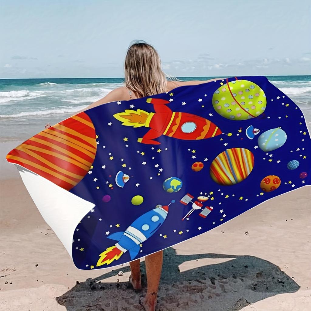 Ultra Soft Quick-Dry Beach Towel with Space Element Pattern Perfect Travel Essential for Little Boys Sand-Free Super Absorbent