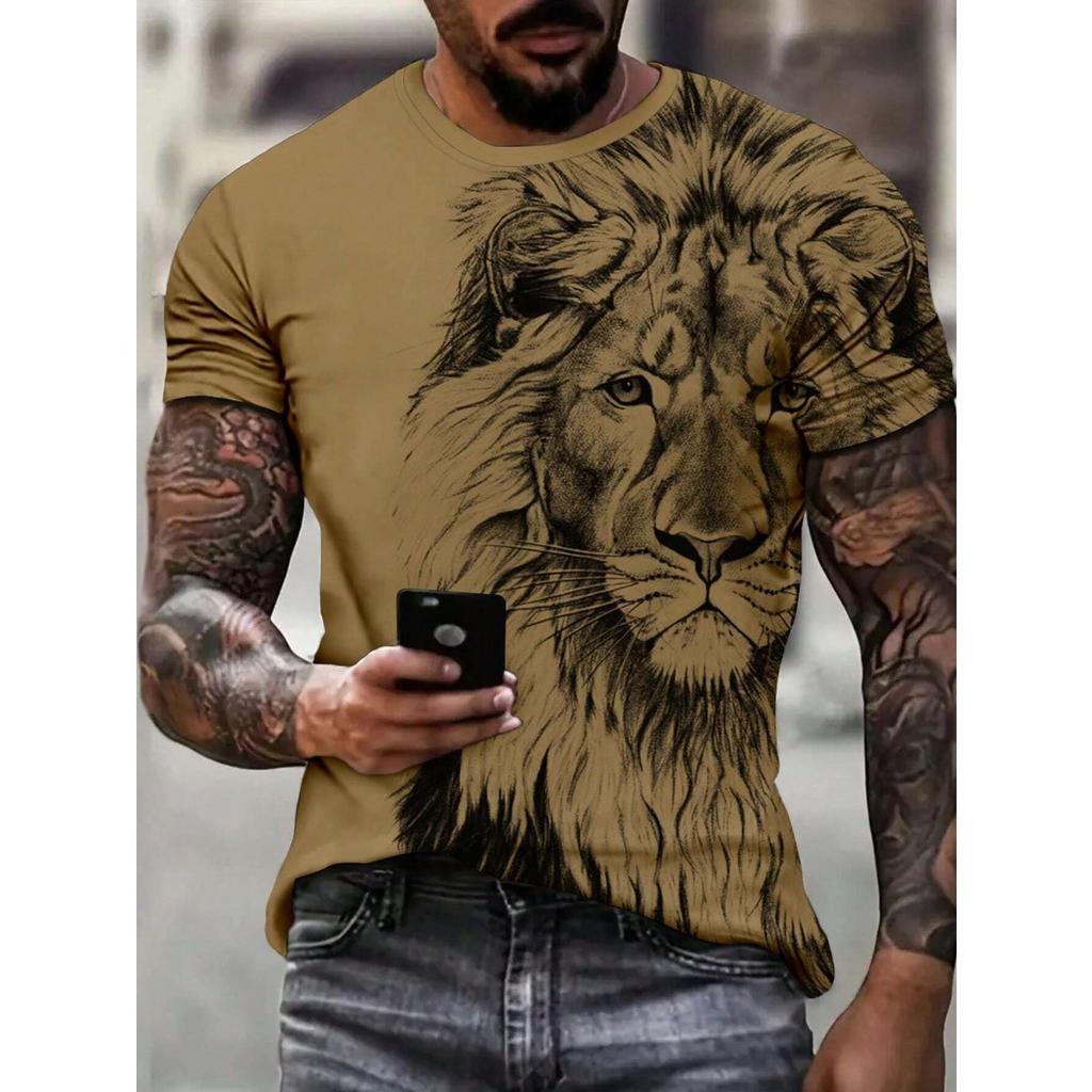 Summer Round Neck 3D Lion Pattern Print Top Fashionable Casual Short Sleeved Men's T-shirts