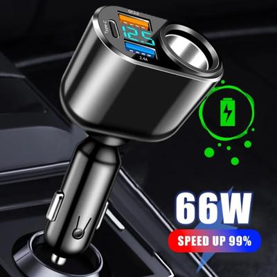 66W 4 Ports Car Charger 3.1A Dual USB 30W PD Quick Charge Car Phone Charger Car Cigarette Lighter Fast Charger Power Adapter