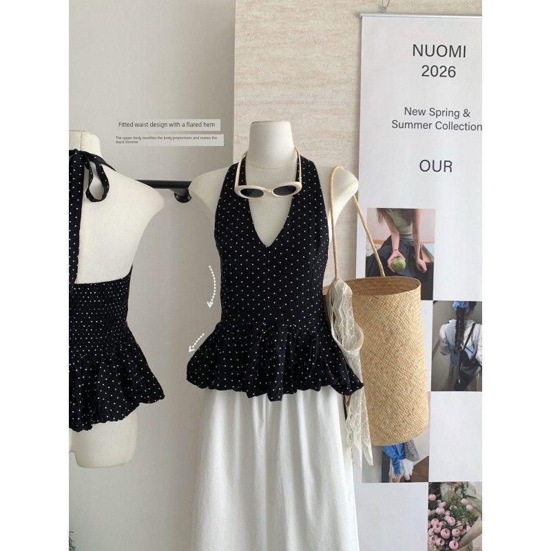 Women s Summer Camisole, Black Polka Dot, Korean Style, Slim Fit, Short Sleeveless Halter Top Image color One size