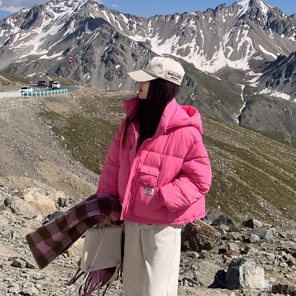 Short slim 2025 new winter stand-up collar hooded down cotton jacket thickened warm solid color bread jacket