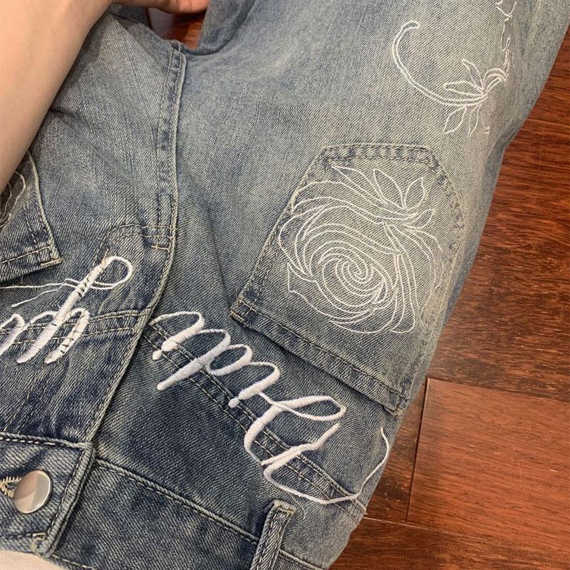 Women's Floral Embroidery Wide Leg Jeans High Waist Vintage Washed Loose Fit Denim Pants