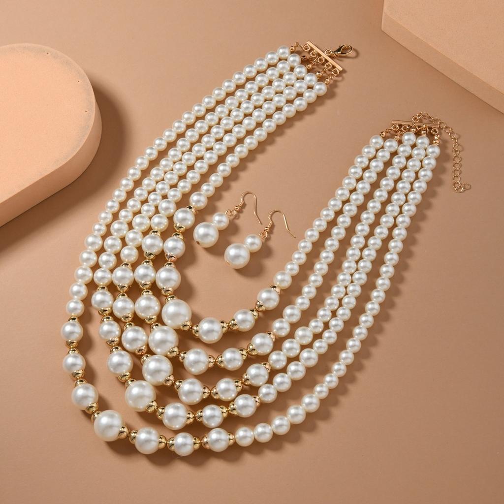 Trend Statement Zircon Set Multi-layer Handmade Imitation Pearl Beaded Bib Necklace And Earrings For Women Party Accessories