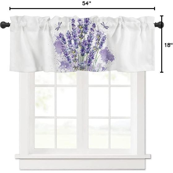DecorLovee Curtain Valances for Windows Living Room, Purple Lavender Curtain Toppers and Valances for Bedroom, Farm Flower Dragonfly Rod Pocket