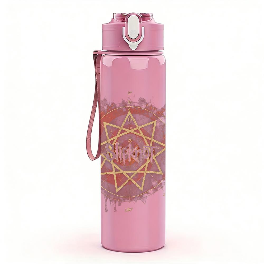 1PC Red circular vintage band emblem print 750ml colorful plastic sports water bottle leakproof pop up lid with straw for outdoor work home use