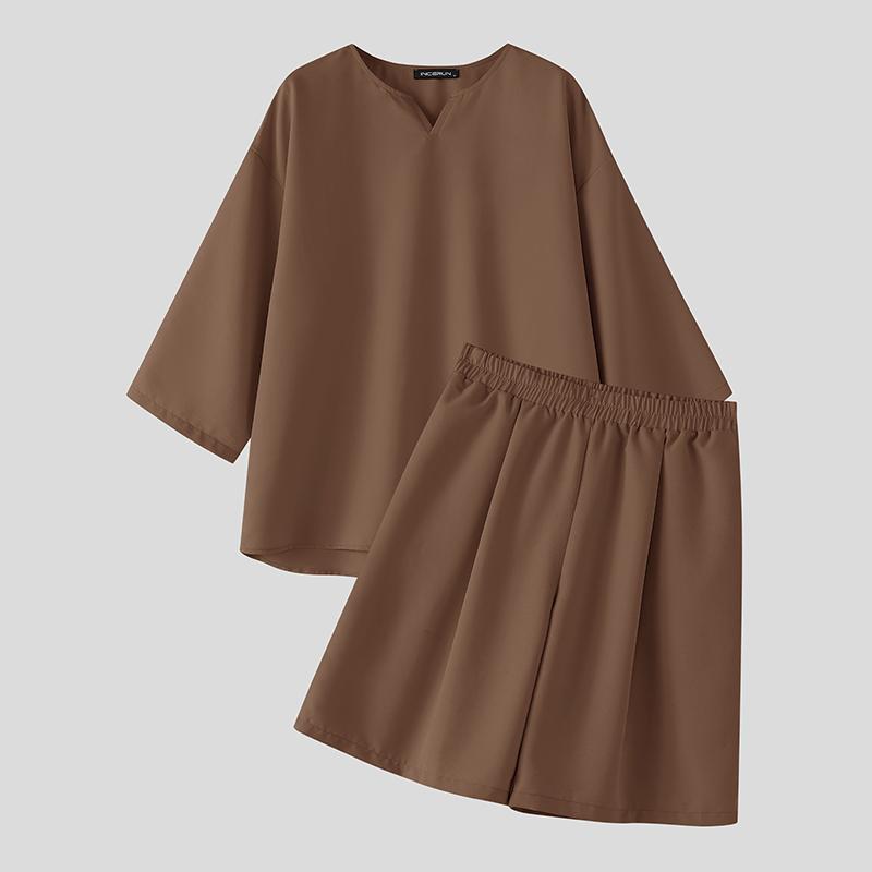 INCERUN Zweiteilige Sommer-Sets für Herren: V-Ausschnitt Kurzarm-Oberteile und Shorts, Oversized