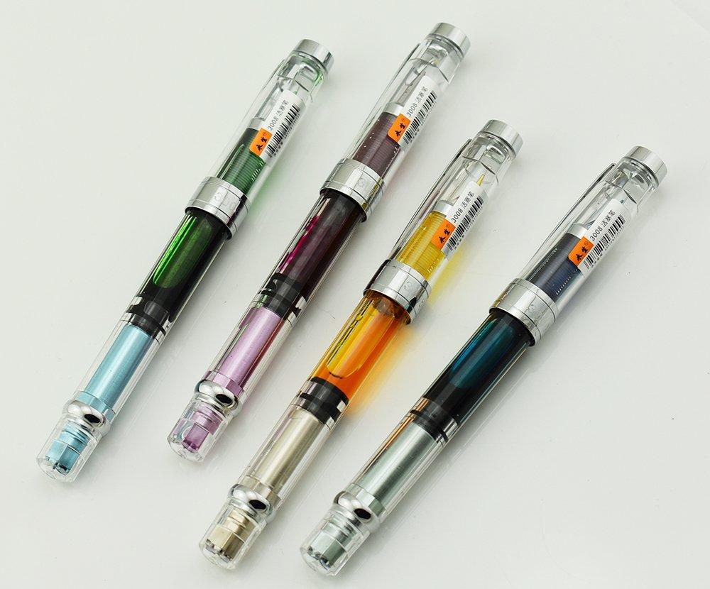 Yongsheng 3008 Fountain Pen, Extra Fine Nib, EF, Transparent Barrel, Silver Trim, Screw-On (Set of 4)