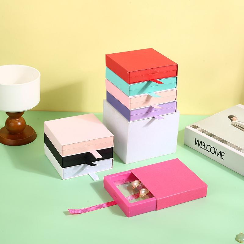 Necklace Ring Earing Bracelet StorageOrganizer Display Stand Solid Color Paper Gift Boxes Macaron Colored Packaging Gift Box PE Film Suspension Box