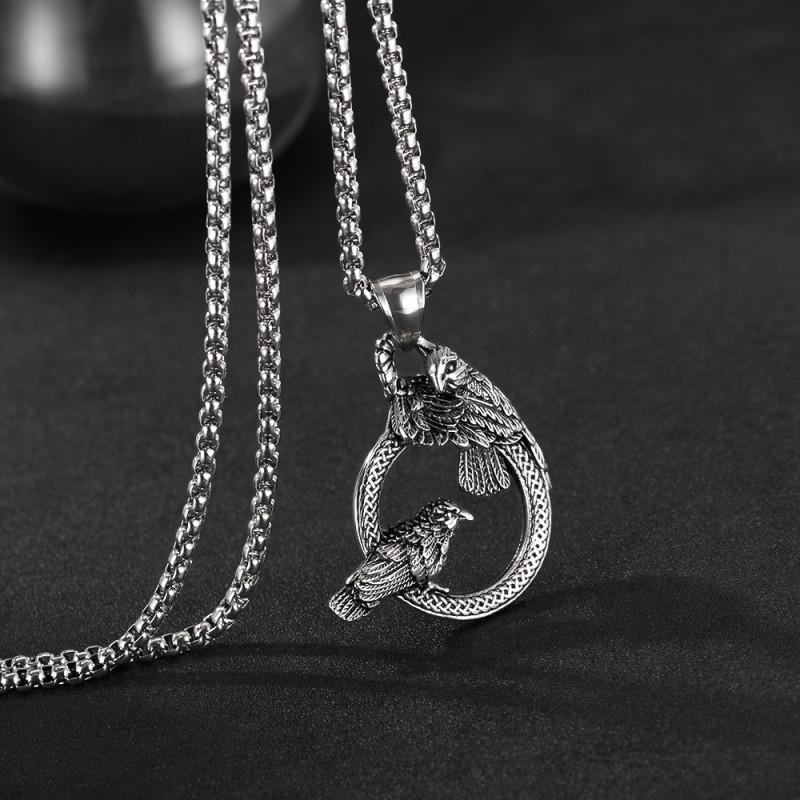 Vintage Necklace Men's Stainless Steel Hollow Ring Double Crow Hip-hop Punk Style Titanium