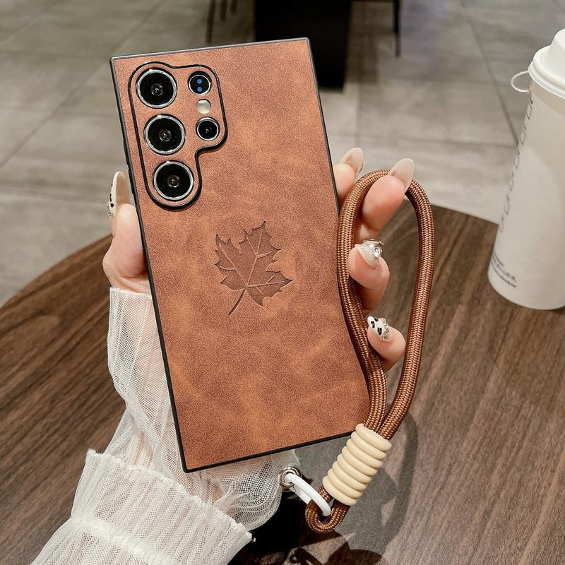 

Кожаный тонкий матовый чехол для телефона с принтом кленового листа для Samsung S25 Edge S24 FE S23 Ultra A56 A36 A16 A55, однотонный, противоударный, мягкий, со шнурком, чехол-бампер Samsung A52 5G коричневый