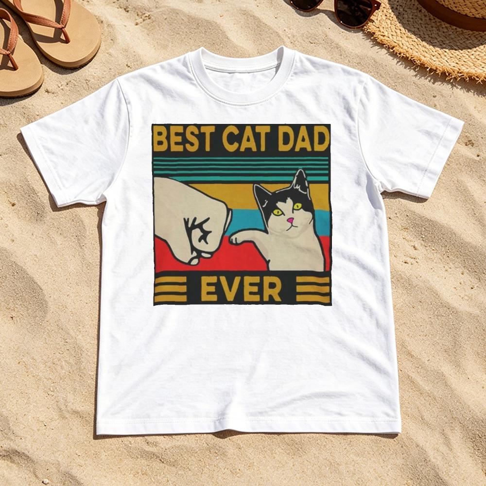 Best Cat Dad Ever Fist Bump Retro Stripe Design Unisex Cotton T Shirt Holiday Leisure Vibe Summer Clothing Gift Cat Lovers
