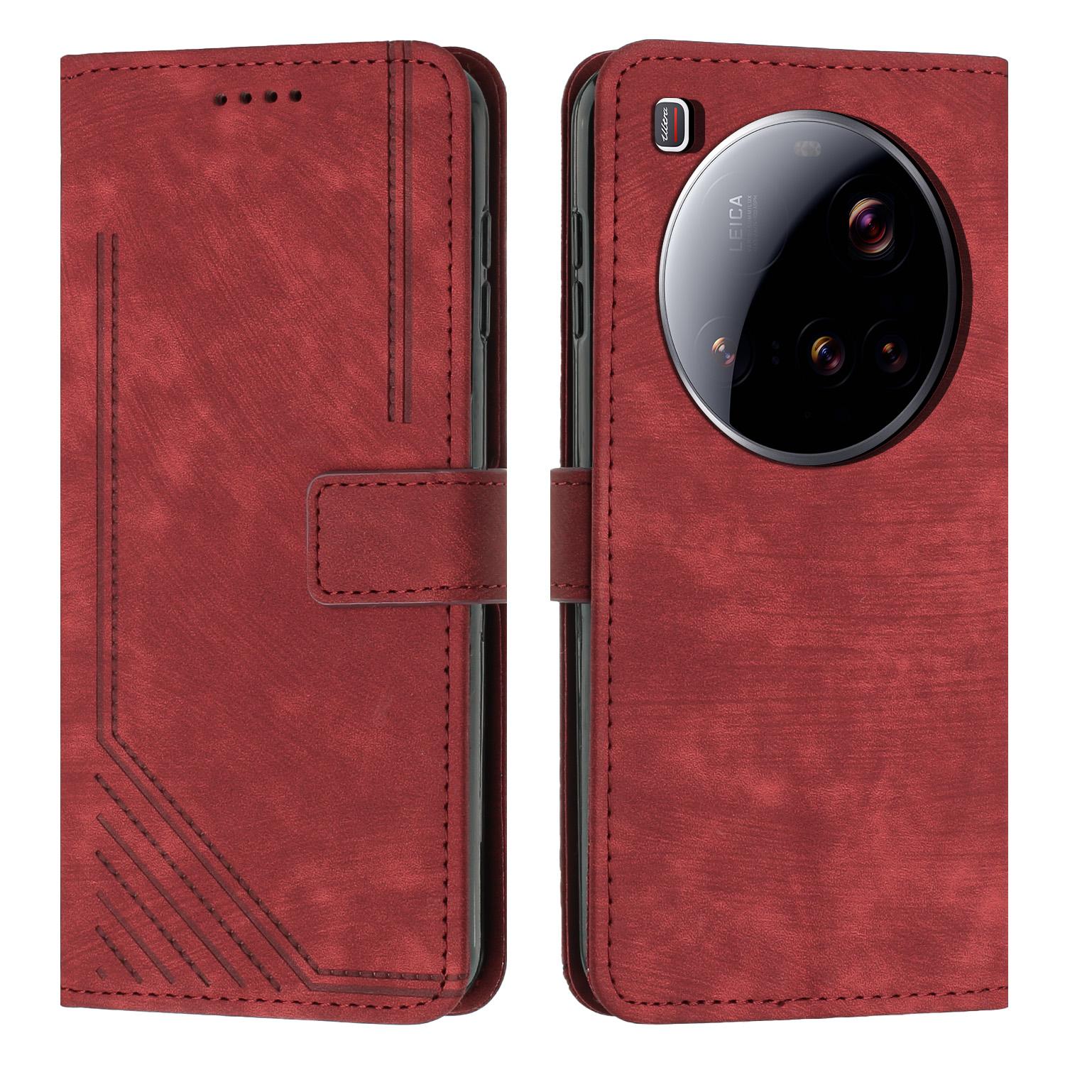 

For Xiaomi 15 Ultra Case Imprinted Lines Leather Phone Cover with Stand Red