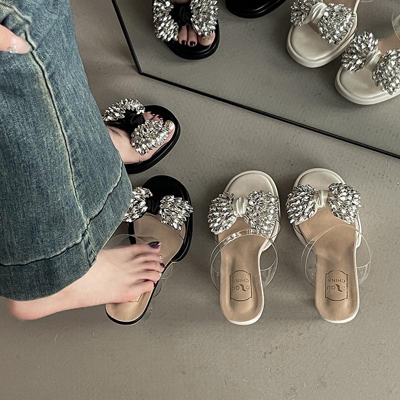 Crystal heel versatile bow rhinestone slippers women's summer fashion outer wear skirt thick heel high heel sandals
