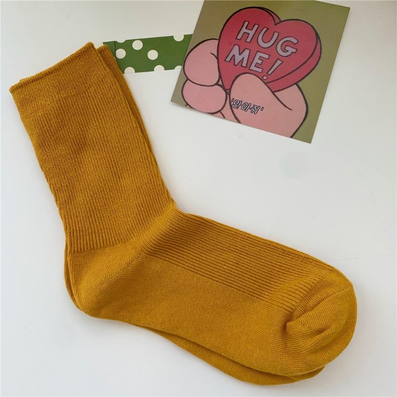 Bomull Ensfarvede Sokker for Kvinner, Høst Tynne Tynne Stripete Frotte-sokker for Kvinner, Midt-legg Sokker