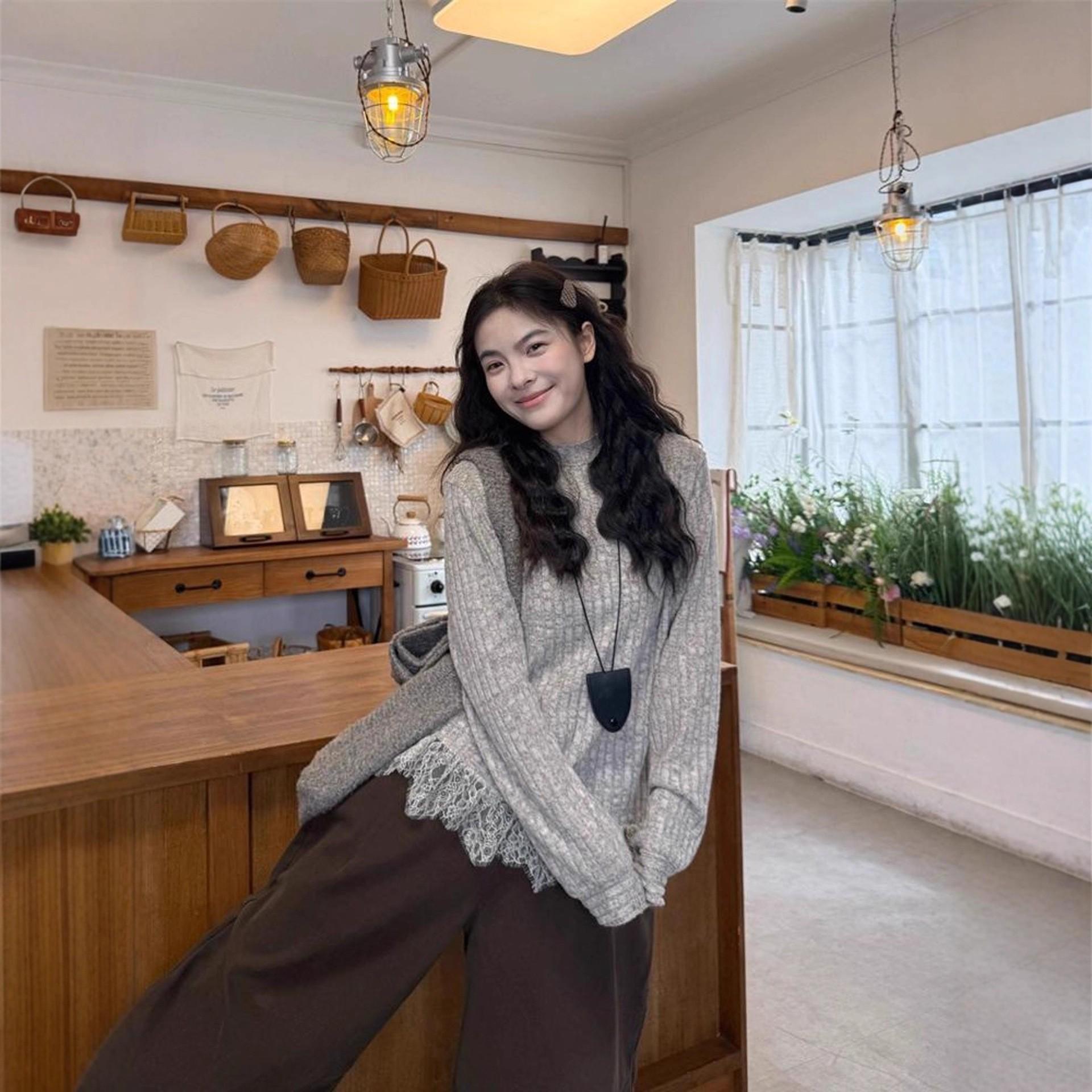 2025 Winter Korean Lace Patchwork High Neck Long Sleeve Women s Fashion Top S