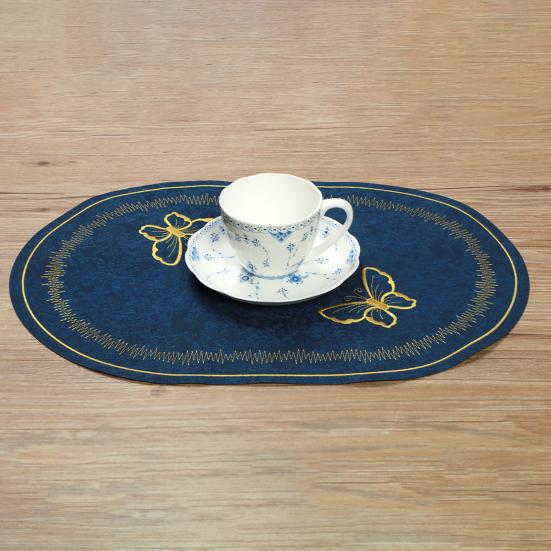 Linen Placemat Embroidery Butterflies Pattern Oval Heat-Resistant Stain-resistant Placemat Dining Accessories
