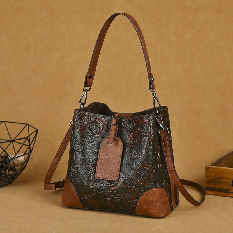 Johnature Retro Embossed Bucket Bag Large Capacity Handmade Women's Bag Versatile Shoulder Crossbody Bags
