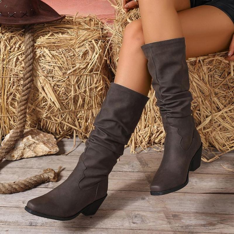 

Осень и зима новая рыцарская обувь больших размеров обувь средний каблук круглый носок рукав резиновая подошва 2025 популярные сапоги средней длины 39 коричневый