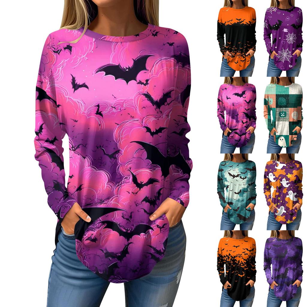 Damenmode Lockerer Rundhals Halloween-Druck Langarm T-Shirt Top Pullover