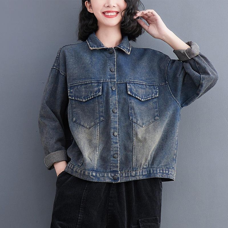 

Свободная джинсовая куртка с отложным воротником и карманами, женская, с длинным рукавом, верхняя одежда, повседневная женская куртка-пальто 2025 2XL синий