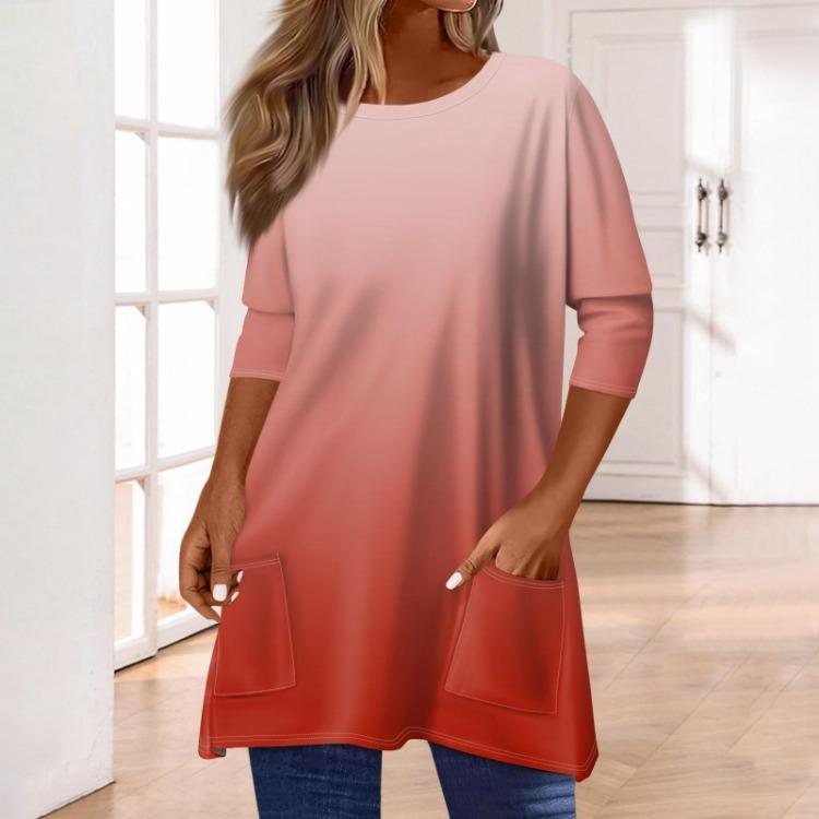 Women 3/4 Sleeve Round Neck T Shirt Casual Print Blouse Pullover Tops with Pocket Mid Length