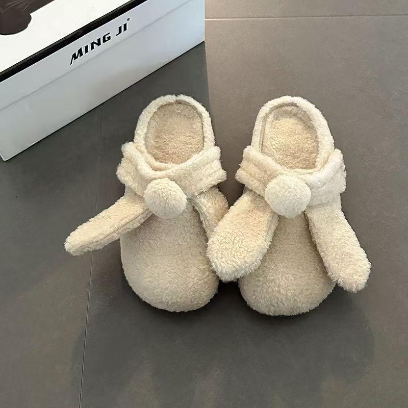 Fashion versatile cute cartoon fluffy slippers autumn and winter new outer wear huge comfortable soft half slippers cotton shoes