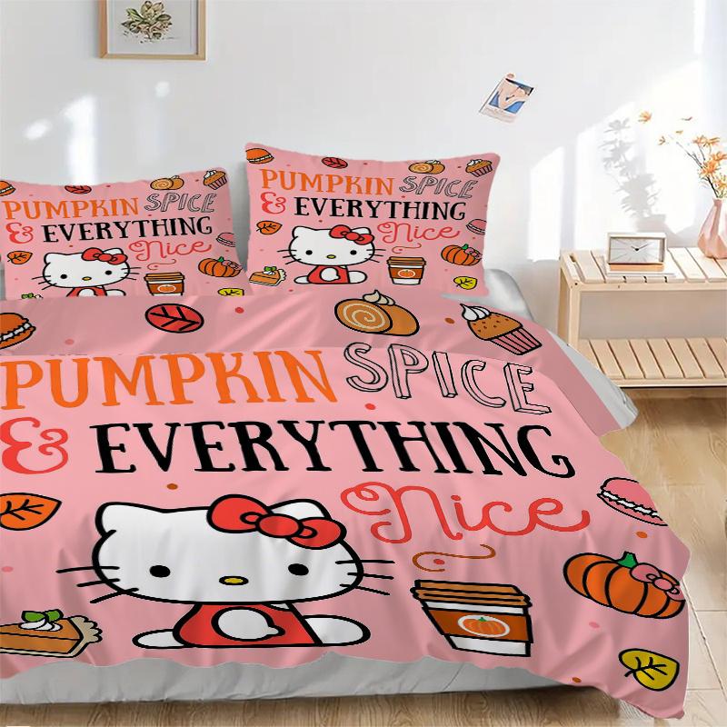 3 шт. Набор стеганых одеял «Тыквенный пряный адвенчур Хелло Китти» Мультяшная тематика Набор стеганых одеял для кровати Милый персонаж Декор спальни Набор стеганых одеял Четыре сезона (1 Ко 135x200cm