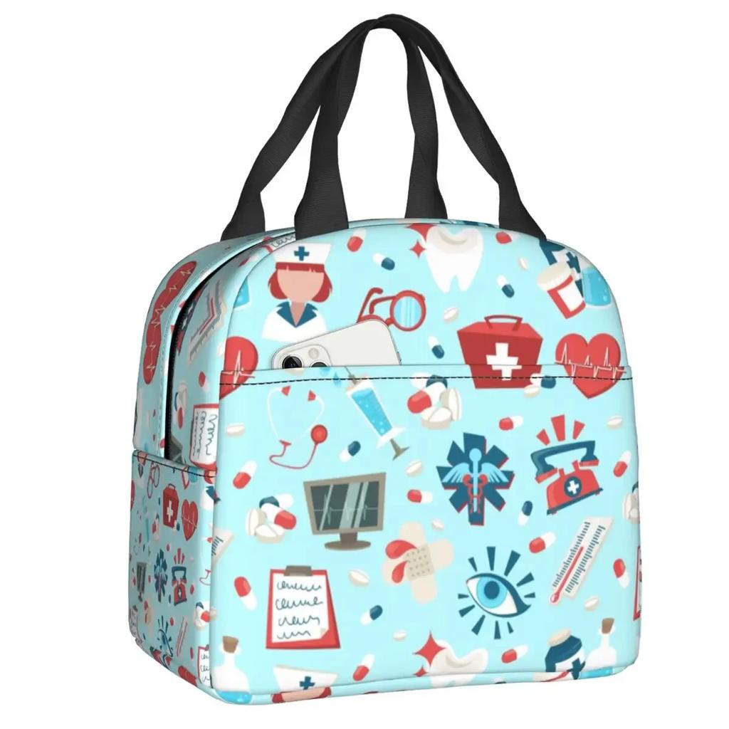 Nurse Tool Pattern Insulated Lunch Tote Bag for Women Nursing Resuable Thermal Cooler Food Lunch Box Work School Travel