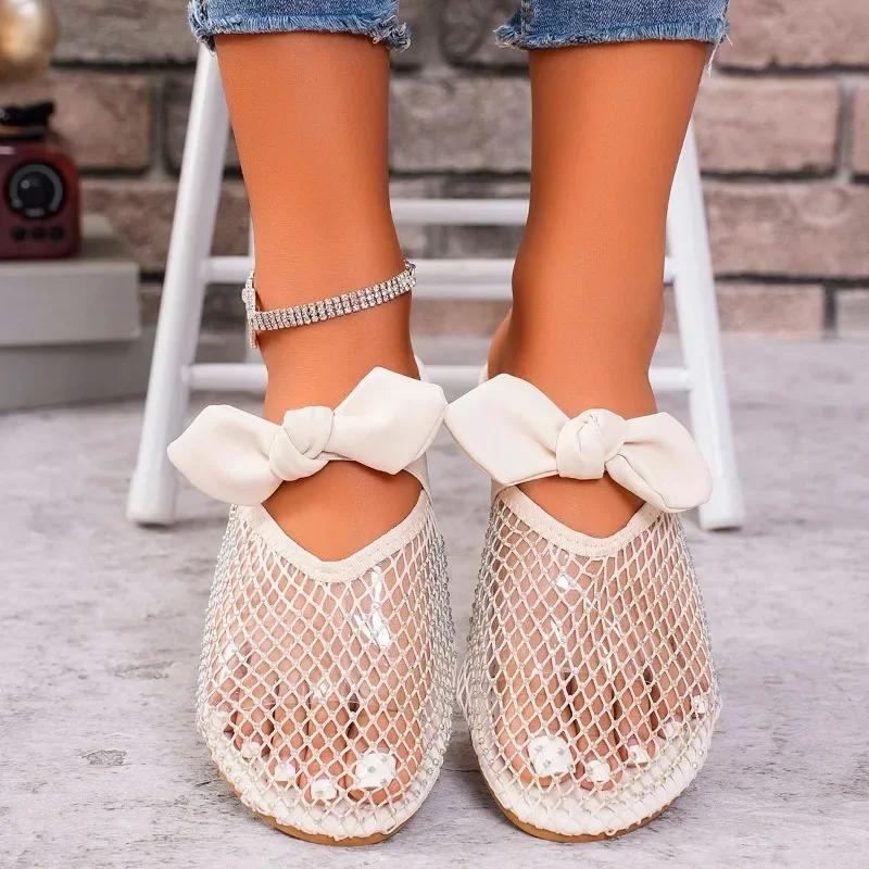 Fashion Ladies Shoes On Sale 2025 Brand Women's Slippers Summer Closed Toe Solid Net Cloth Butterfly-knot Square Heels Casual Slippers