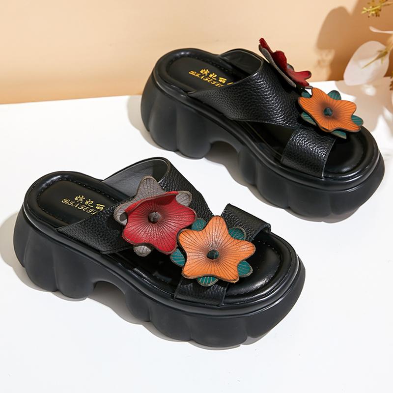 

GKTINOO Сандалии из натуральной кожи с цветочным узором, женские шлепанцы, летняя обувь на платформе, уличные шлепанцы, толстая подошва, повседневные женские шлепанцы 9