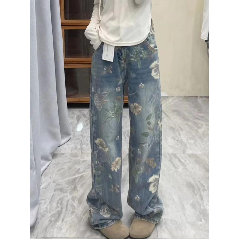 Floral Printed Wide Leg Female's Jeans American Retro High Waisted Trousers Fashionable Versatile Multi Pockets Bottoms