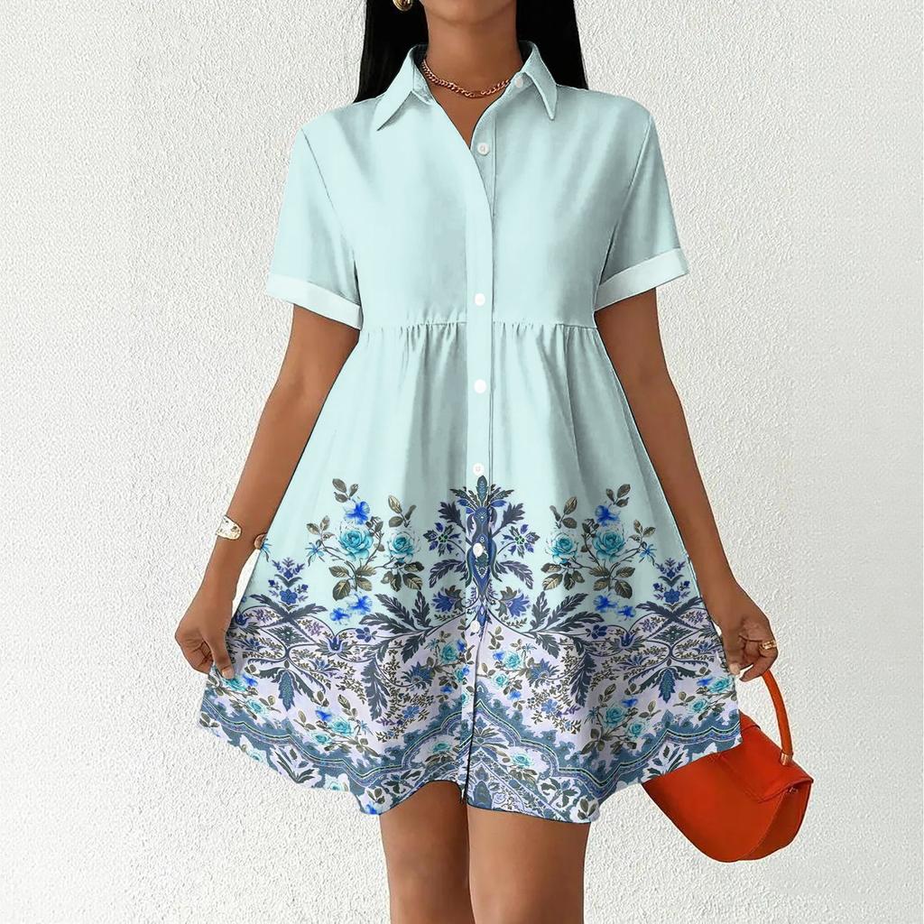 Women's Casual Loose Fit Shirt Dress Button Front Short Sleeve Collared Dress A-Line Hem Summer Dress