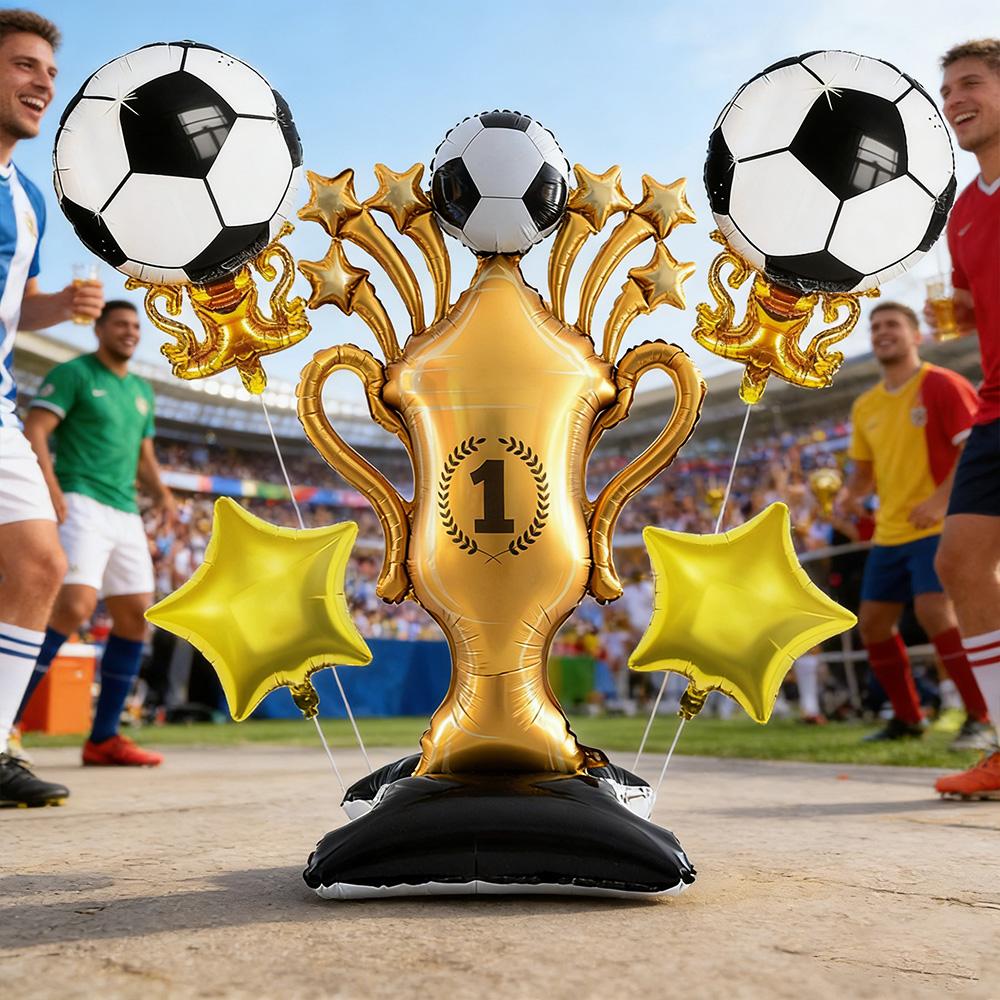 5Pcs Soccer Theme Foil Balloon Set, Jumbo Standing Champion Trophy & 2Pcs Football Trophy Mylar Balloons, Golden Star Balloons,