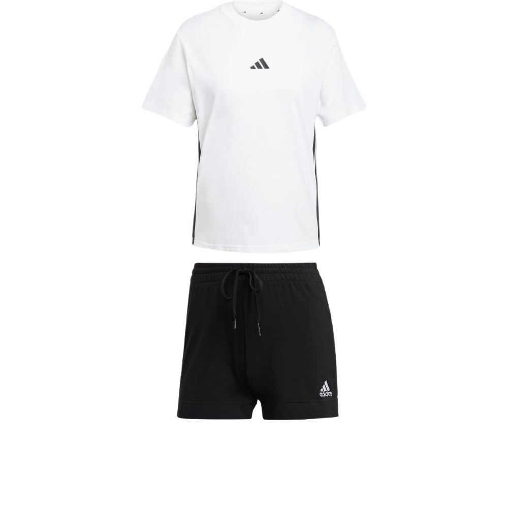 Adidas Essentials Striped Pullover Crew Neck Short Sleeve Sports Lace-Up Shorts Casual Set Women sets JD0844+GM5523 S