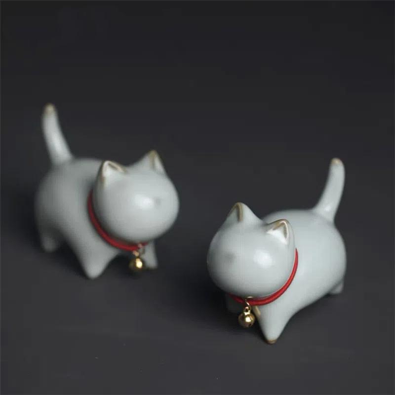 Animale de ceai pisici de desene animate ceramice – Figurine animale drăguțe din argilă purpurie pentru decorarea casei, mașinii și biroului